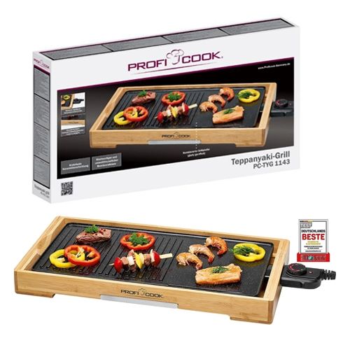 Profi Cook 1143 Teppanyaki Scratch-Resistant Ceramic Coating, Fully Adjustable Thermostat, Removable Stainless Steel Grease Tray, Wood Grill (Black)