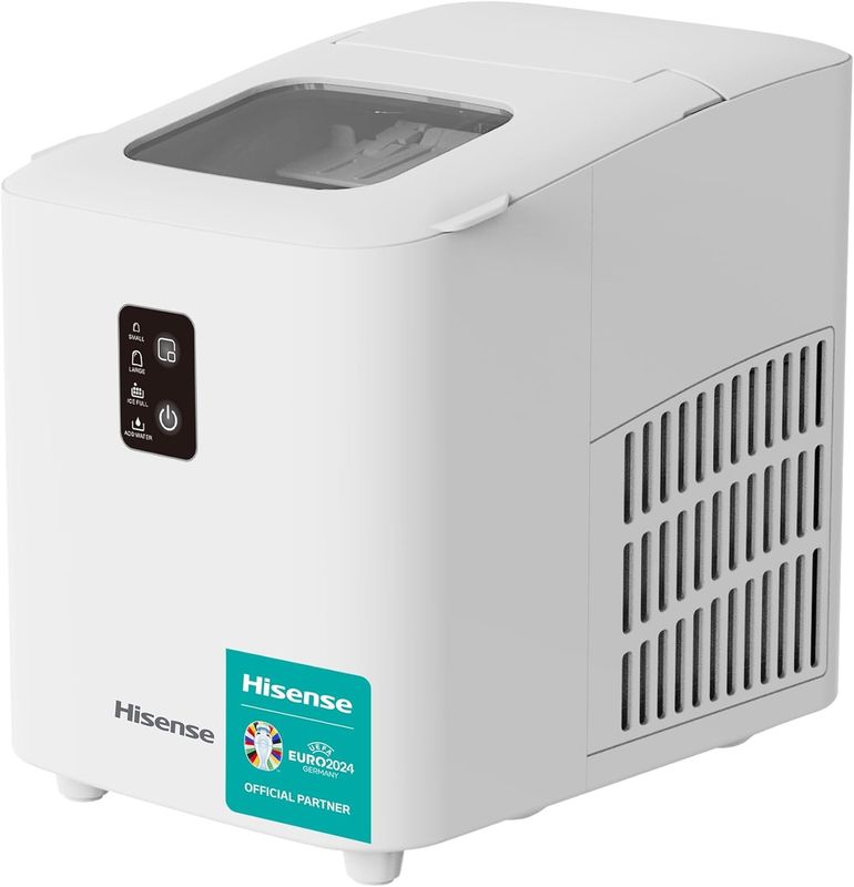 Hisense Ice Maker, 12kg Daily Ice Production, 1000mL Water Tank, 2 Sizes Ice Option, Self Clean, Bullet-Shaped Ice, 330g Ice Basket Capacity, White | HS-ICM1263