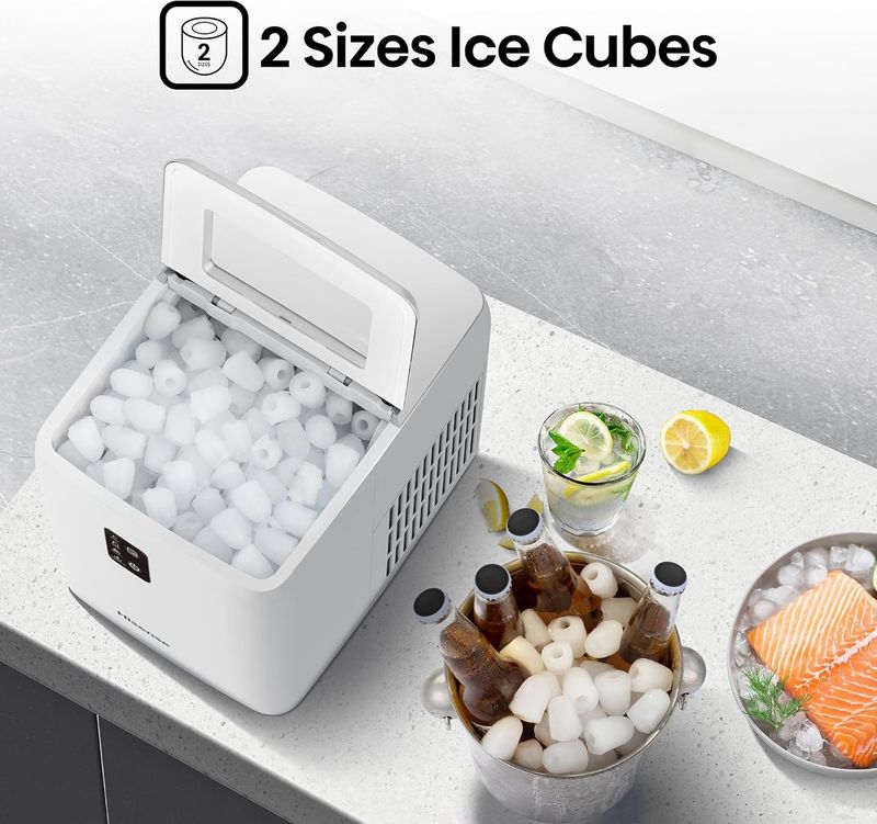 Hisense Ice Maker, 12kg Daily Ice Production, 1000mL Water Tank, 2 Sizes Ice Option, Self Clean, Bullet-Shaped Ice, 330g Ice Basket Capacity, White | HS-ICM1263