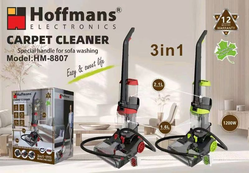Hoffmans 3 in 1 Carpet Cleaner with 2 Separate Tanks (2.1L Clean Water Tank + 1.6L Waste/Dirty Tank) Faster Drying with Heat Water Dust Tank HM-8807