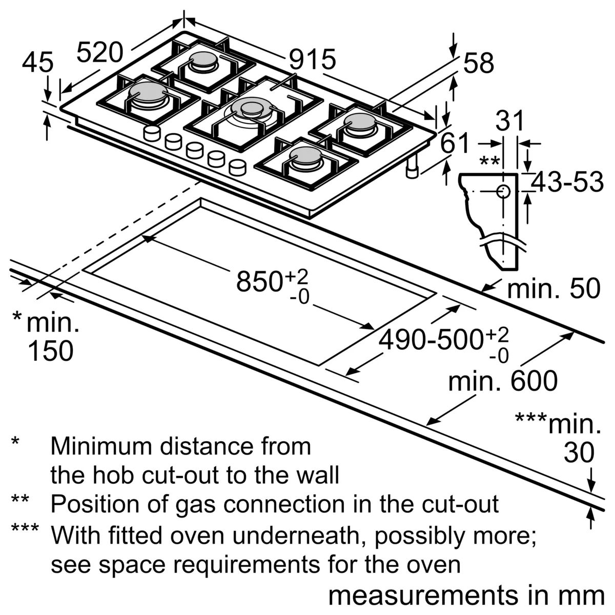 Bosch 5 Gas Burners Built-In Hob Black,  -PPQ9B6O90M