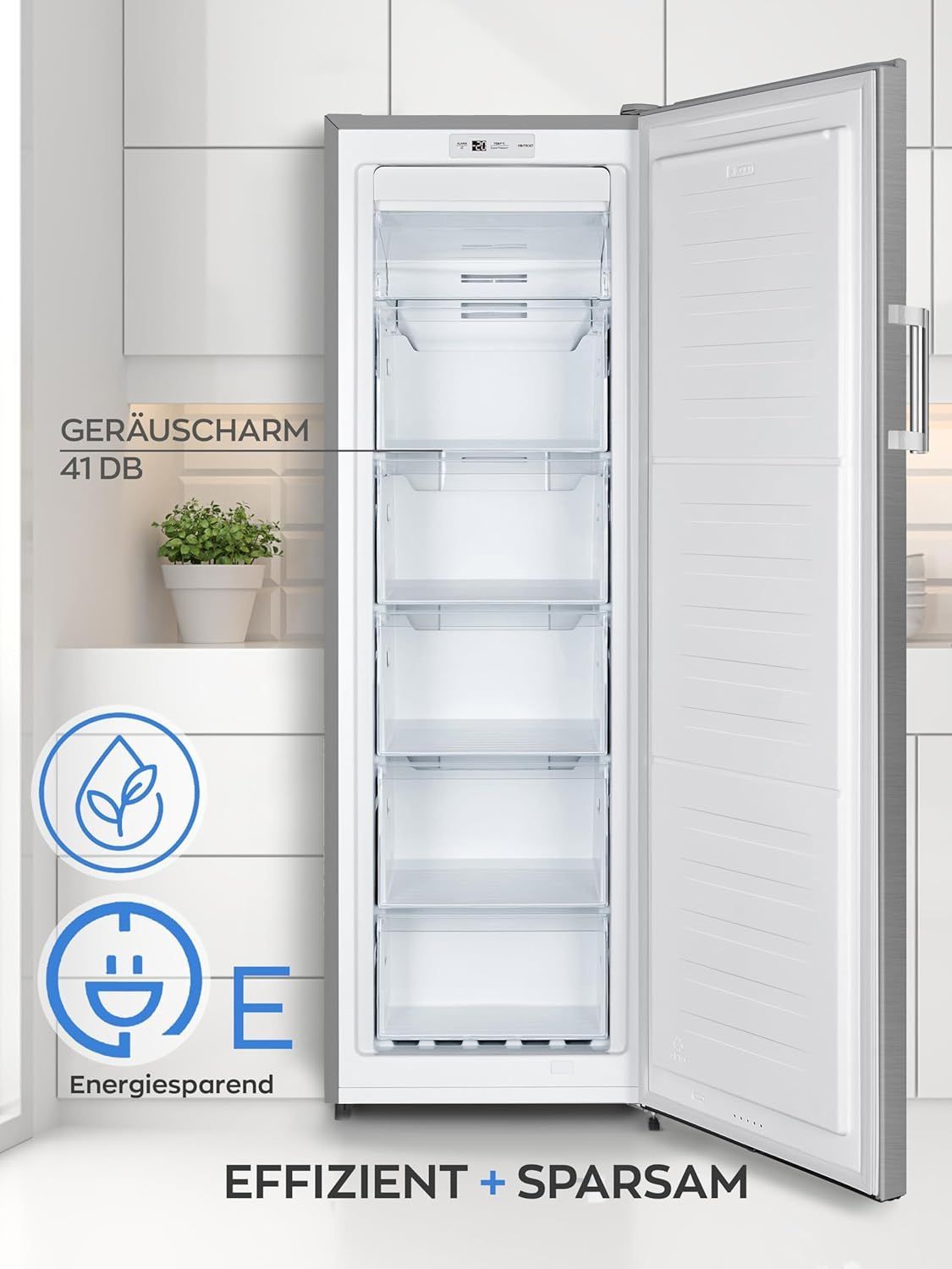 Heinrich’s Freezer, No-Frost Protection, 5 Drawers + 1 Compartment, LED Display, MultiAirflow, Changeable Door Stop, Alarm, -14C -24C, Silver, Freestanding, Reversible Door HGS 3093 INOX 194L