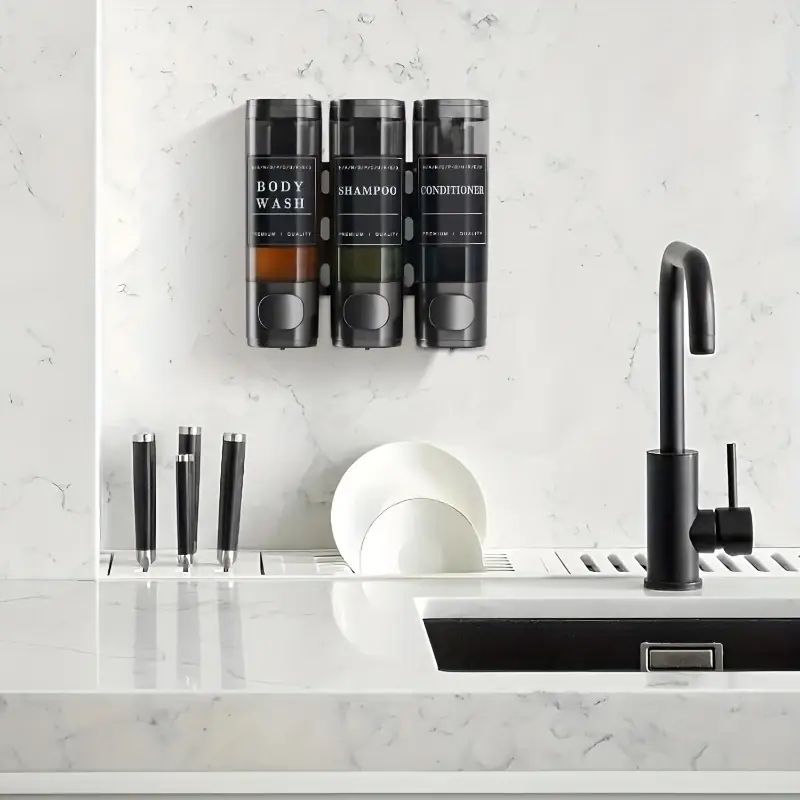 موزعات للشامبو والبلسم وغسول للجسم لايلزم الحفر لتركيبها ٣ موزعات صابون للفنادق والشقق الفندقيه