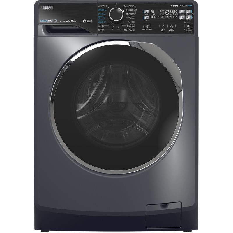 غساله زانوسي ٨ كيلو ١٢٠٠ لفه رمادي غامق ستيم ماكس انفرتر