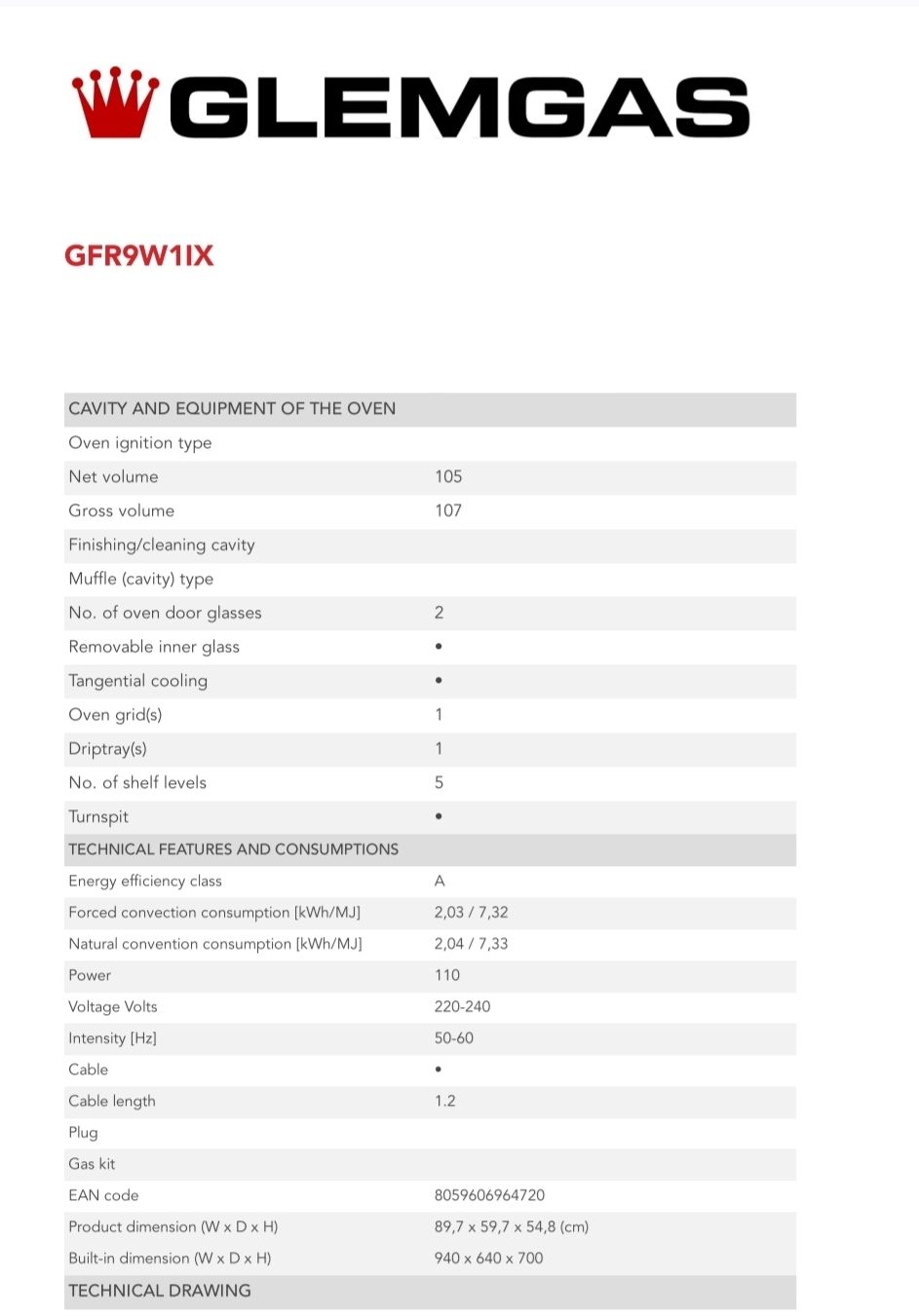 Gleam gaz oven  built-in gas grill 90 cm GFR9W1IX 