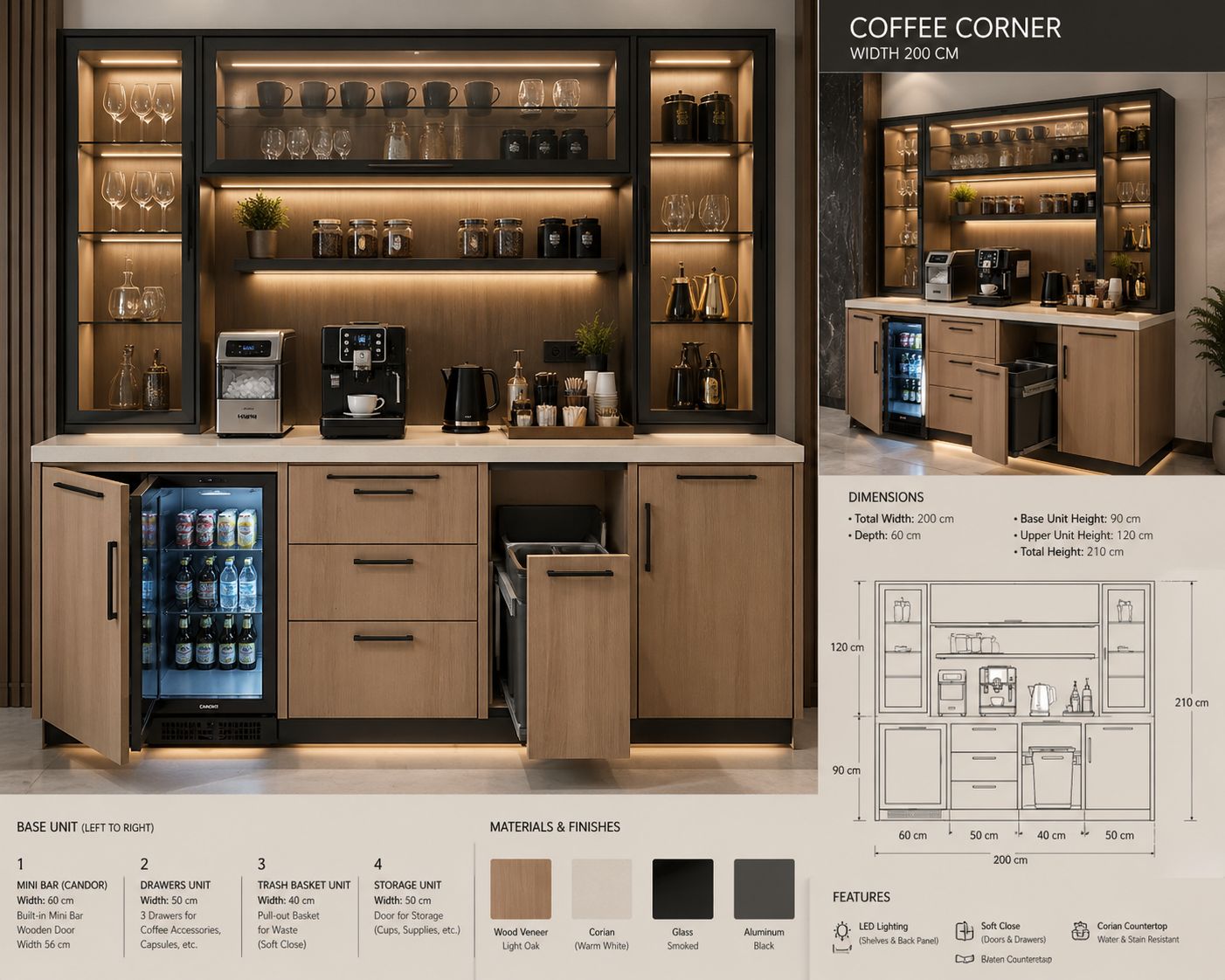 كوفي كورنر عرض ٢ متر بوحدتين ومجهز لثلاجه مينى بار بلت ان ووحدة باسكت مزود بأضأه ليد وسطح كوريان خامات عالية الجودة موديل Elite Line 200