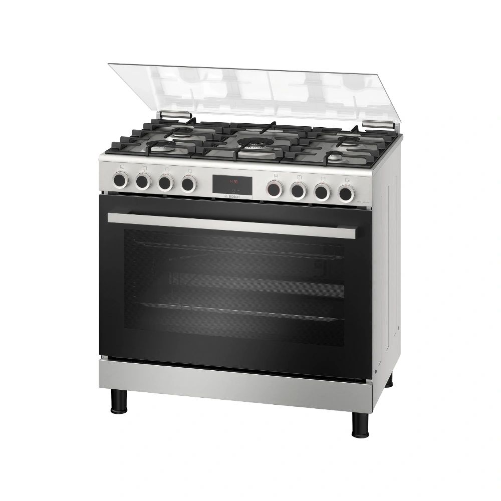 بوتاجاز بوش Serie 6 غاز 90 سم 5 شعلات ستانلس ستيل مع شواية وسيخ دوار HGP3I8W50S