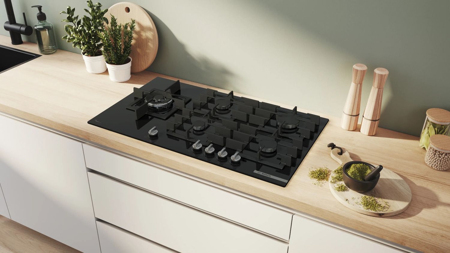 مسطح غاز بوش Serie 6 بلت إن 90 سم، 5 شعلات، زجاج أسود – PPM9A6I40