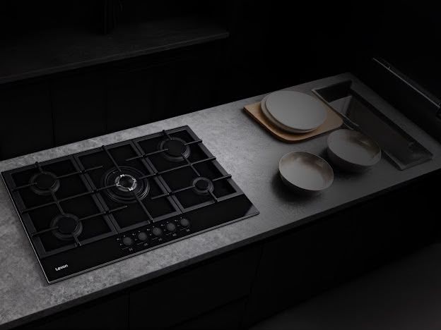 Levon 90 cm Built-In Gas Hob, 5 Burners, Black Glass — LV-NBH 2675-15-BG