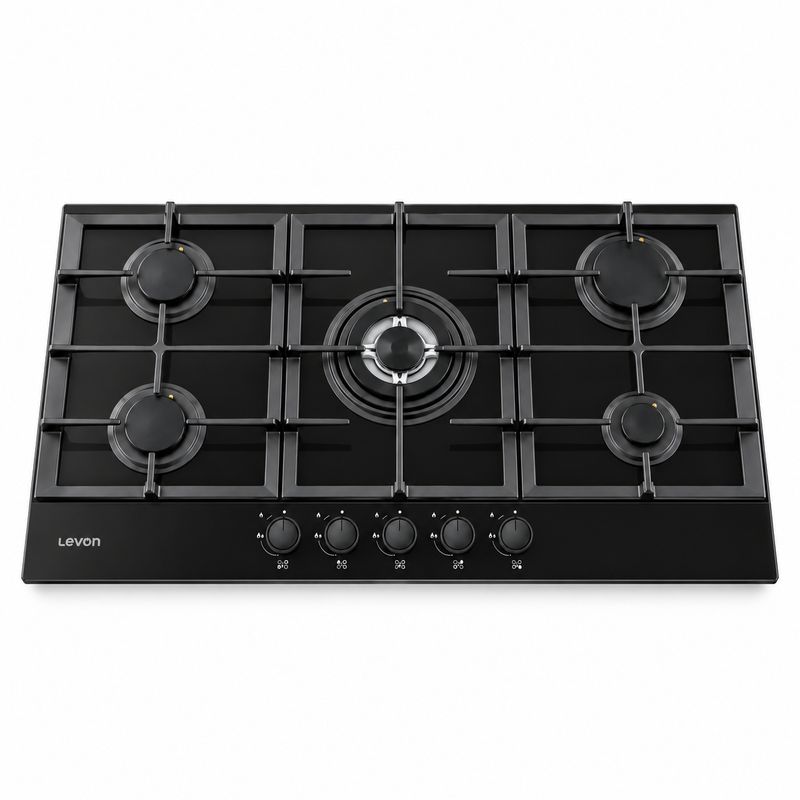 Levon 90 cm Built-In Gas Hob, 5 Burners, Black Glass — LV-NBH 2675-15-BG