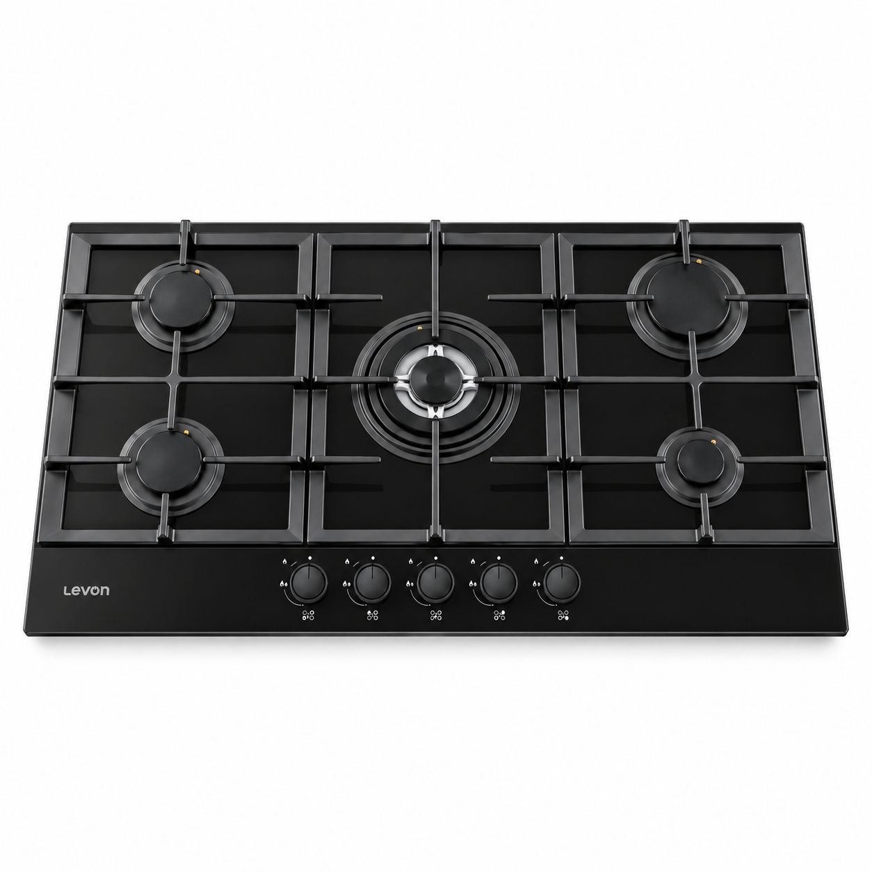 Levon 90 cm Built-In Gas Hob, 5 Burners, Black Glass — LV-NBH 2675-15-BG