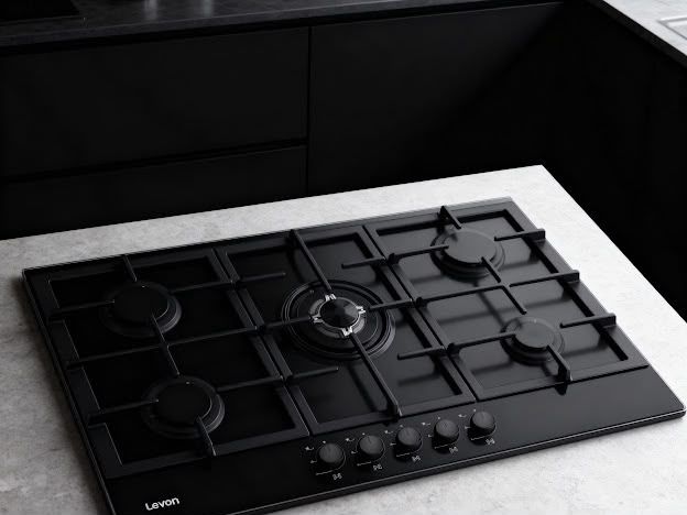Levon 90 cm Built-In Gas Hob, 5 Burners, Black Glass — LV-NBH 2675-15-BG