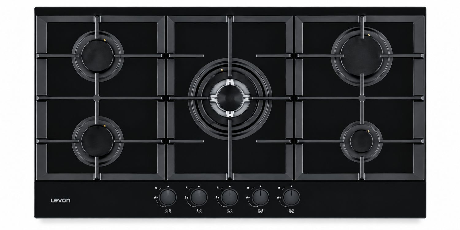 Levon 90 cm Built-In Gas Hob, 5 Burners, Black Glass — LV-NBH 2675-15-BG
