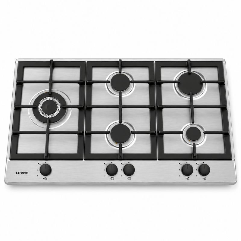 Levon 90 cm Stainless Steel Built-In Gas Hob, 5 Burners — NBH2675-8-SS