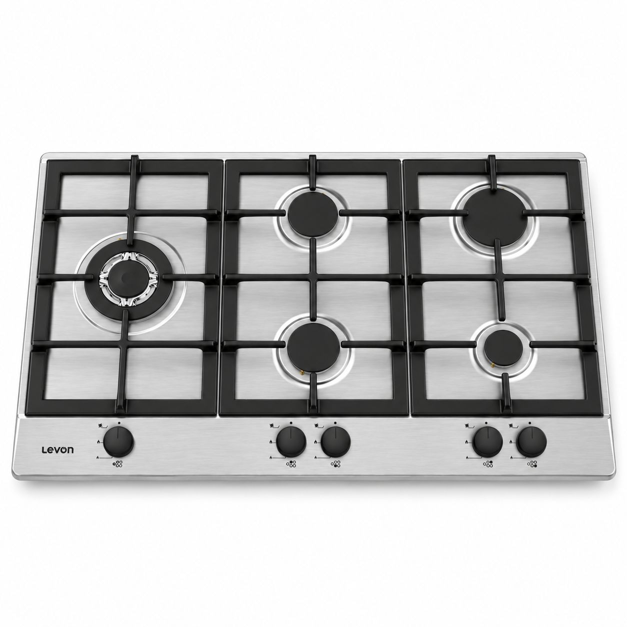 Levon 90 cm Stainless Steel Built-In Gas Hob, 5 Burners — NBH2675-8-SS