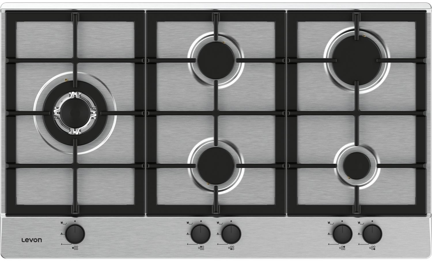 Levon 90 cm Stainless Steel Built-In Gas Hob, 5 Burners — NBH2675-8-SS