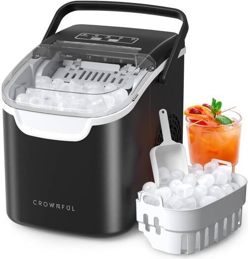 CROWNFUL Ice Maker Countertop, Mini Portable Ice Machine, 8 Bullet Ice in 6 Mins, 12KG/Day, 2 Ice Sizes, Self-Cleaning, Energy Saving, Black | HZB-12/Q