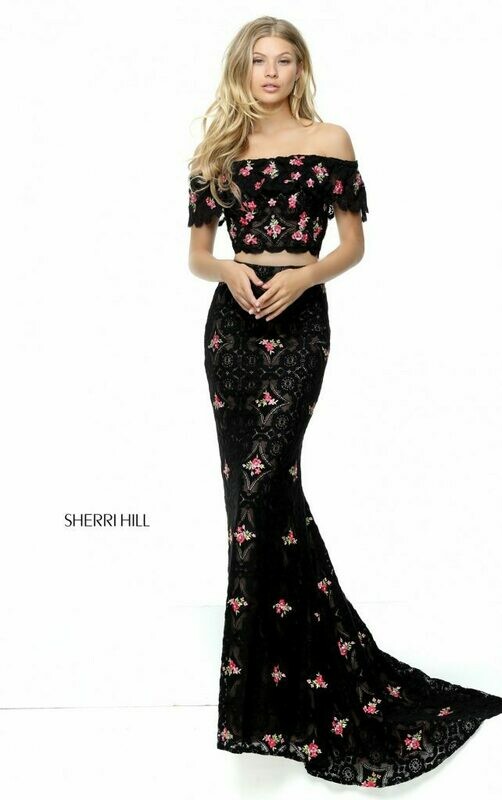 Sherri Hill-50785-black with floral print size 8 Sherri Hill-50785-black with floral print size 8