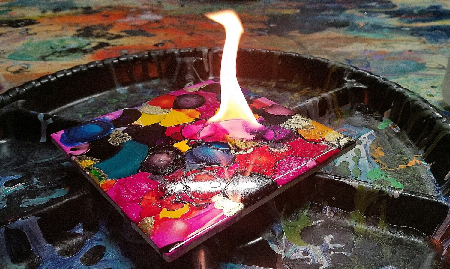 Abstract Alcohol Ink and Flame Fire Tiles @ Roses Makers Market