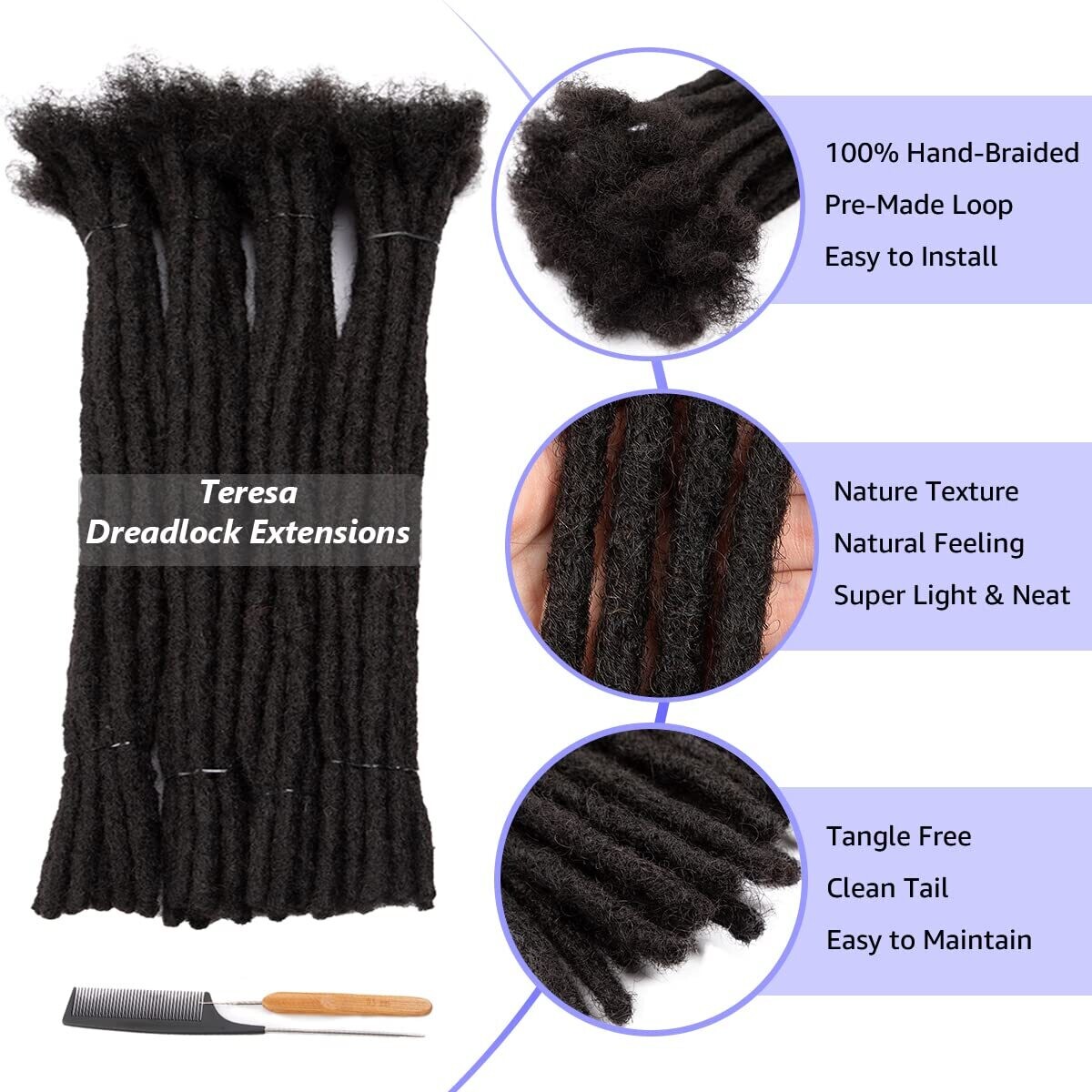 8 Inch ,10 Strands 100% Human Hair Dreadlock Extensions for Men/Women/Kids   Width Full Hand-made Permanent Dread Locs Extensions Human Hair Can  Be Dyed ,Curled and Bleached,Natural Black