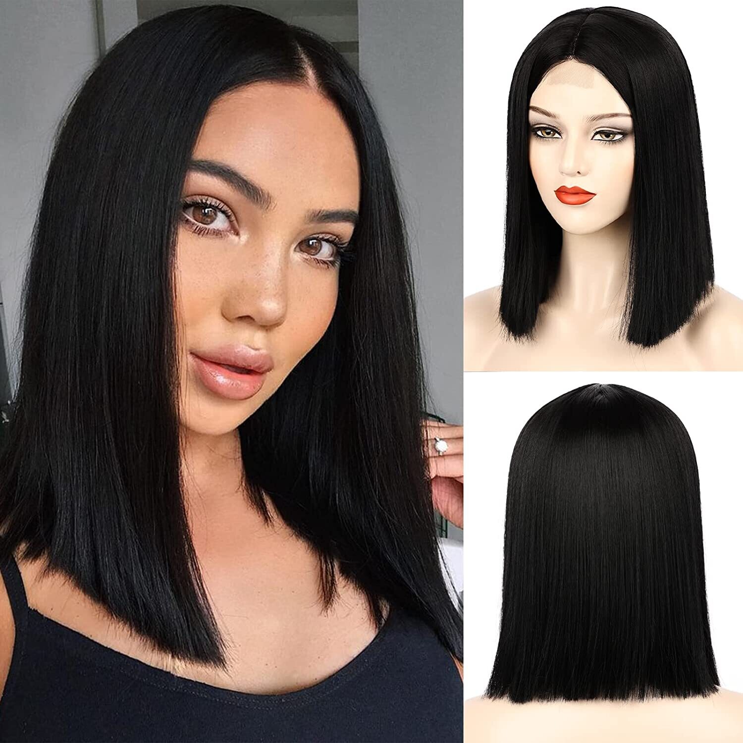 Black Wig Short Hair Wigs for Women Black Wig Straight Bob Wig Synthetic Natural Heat Resistant Side Part Wigs (Black)