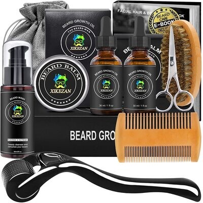 Beard Growth Kit Beard Roller Beard Growth Oil Balm Comb Brush Hair Removal Razor Strops Scissor Beard Care Grooming Kit