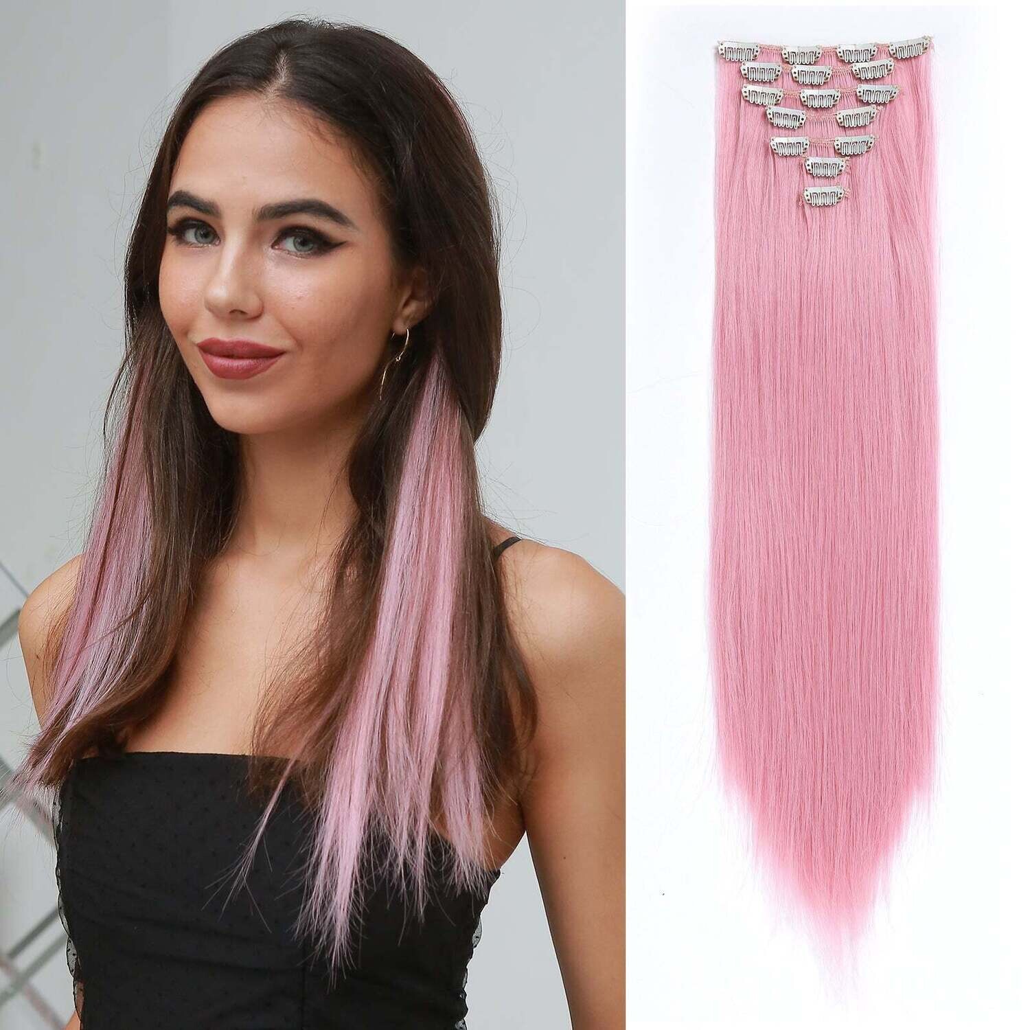 HAIRCUBE Pink Clip Long Straight Synthetic HAIR EXTENSION Pink 20 inches