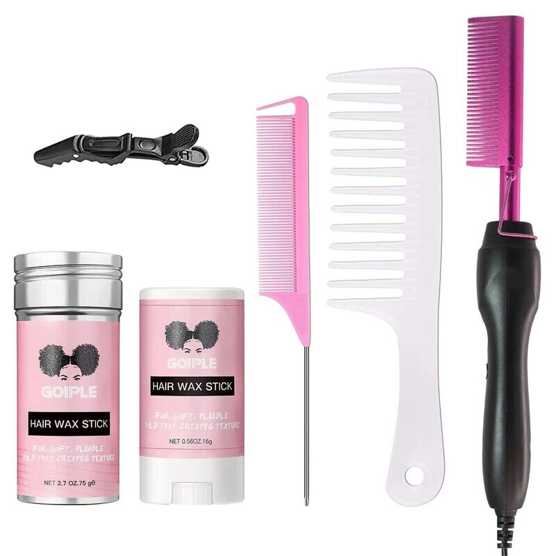 Goiple Electric Hot Comb Pink Hair Straightener Electrical Straightening Comb Curling Iron for Natural Human Hair Wigs with Wide Tooth Comb, Rat Tail Comb, Wax Stick Pink