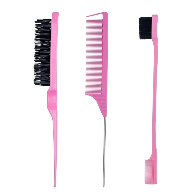 Goiple 3 Pieces Hair Styling Comb Set Teasing Hair Brush Rat Tail Comb Edge Brush for Edge&amp;Back Brushing Combing Slicking Hair for Women pink