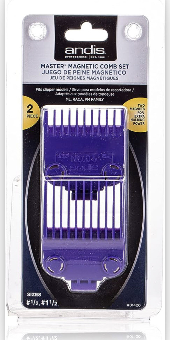 Andis 01420 Master Clipper Magnetic Comb Set - Crafted for Long-Lasting Performance - Dual Pack Sizes 0.5 &amp; 1.5 and Fit with ML Models – Purple