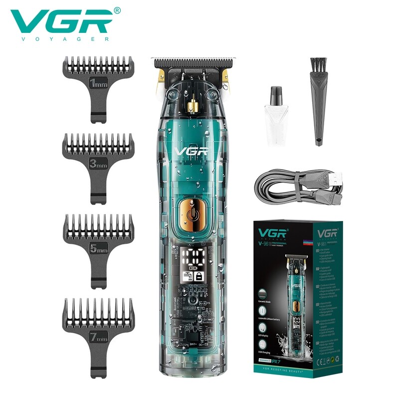 VGR Hair Clipper IPX7 Hair Trimmer Professional Hair Cutting Machine Cordless Transparent Trimmer