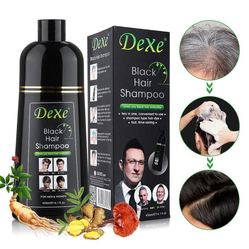 Dexe Black Hair Dye Shampoo for Gray Hair, DEXE Semi-Permanent Hair Color Shampoo for Women and Men, Simple to Use and Lasts 30 Days-Fast Acting, Herbal Ingredients and Ammonia Free (14 Fl oz)