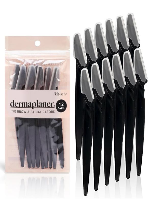 Kitsch Dermaplaning Tool - Face Razors for Women and Men, Eyebrow Trimmer &amp; Face Shaver for Women, Facial Hair Removal for Women and Men, Dermaplane Razor for Women Face, 12 pc (Black)
