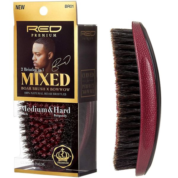 Red Premium 2 Bristles In 1 Mixed Boar Brush X Bow Wow - Curved Palm Brush [Medium-Hard] #BR01