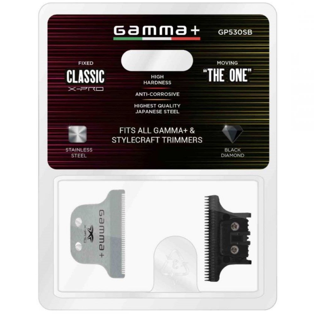 GAMMA+ CLASSIC X-PRO FIXED STAINLESS STEEL BLADE + THE ONE BLACK DIAMOND CUTTING TRIMMER BLADE