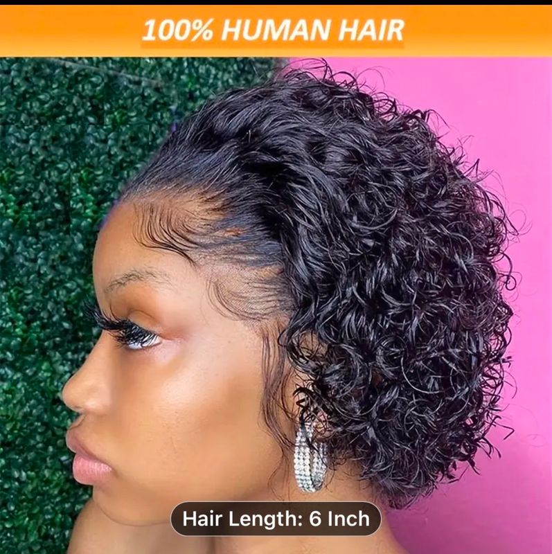 Short Curly Pixie Cut Lace Front Wigs 13X1 Human Hair Lace Front Wigs Plucked For, 180% Density Natural Black