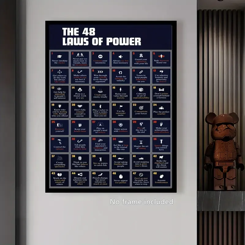 Frameless 48 Laws of Power Canvas Wall Art, 12-16 inch, Waterproof Print for Living Room, Bedroom, Barbershop salon, Dining Room, Garage,  Home Decor 1pc Waterproof Canvas