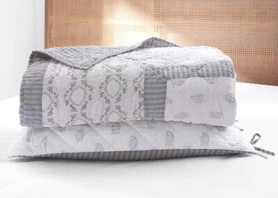 100% Long Staple Cotton Voile Block Printed Quilt Queen Grey/ White