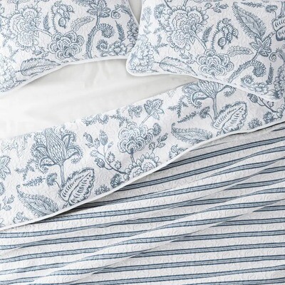 Jacobean/Stripe Reversible Quilted Coverlet Set Blue & White Twin & Twin XL