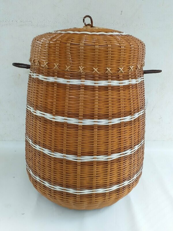 panier en osier rayure blanche L 80 cm diametre 50 cm