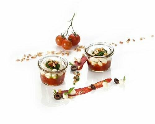 Tomatenkompott und Mozzarella mit grünem Pesto 55g Tomatenkompott und Mozzarella mit grünem Pesto 55g