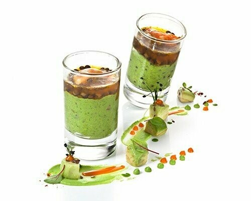 Avocadomousse mit Räuchergarnele und Belugalinsen 70g Avocadomousse mit Räuchergarnele und Belugalinsen 70g
