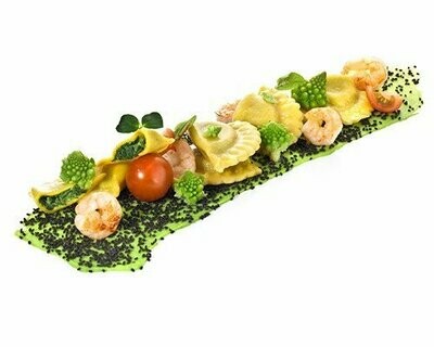 Spinat-Cappelletti in Trüffelbutter mit Garnelen und Romanesco-Tomaten-Gemüse 250g