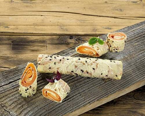 Wrap vom Räucherlachs mit Dill-Senf-Creme und Sesam 100g Wrap vom Räucherlachs mit Dill-Senf-Creme und Sesam 100g