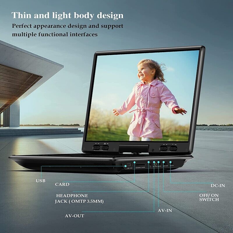 14.9" Portable DVD Player with 12.5" Large HD Swivel Screen, Exclusive Button Design, Car Headrest Mount Provided, High Volume Speaker, Support CD/DVD/SD Card/USB, Region Free