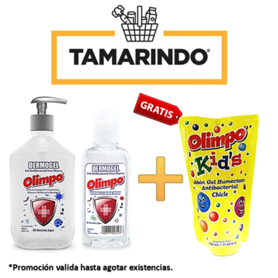 Promoción de 2 Dermo Gel Antibacterial Olimpo de 130ml y 460ml + Olimpo doypack sabor chicle de 450ml Gratis