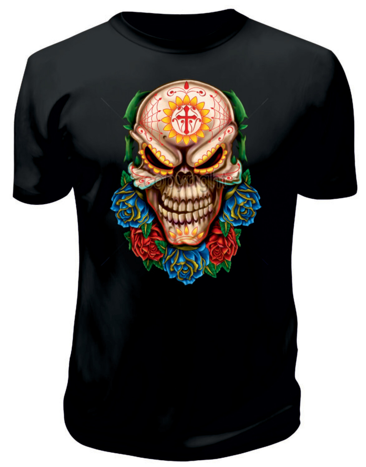Camiseta Calavera Cruz y Flor Frente
