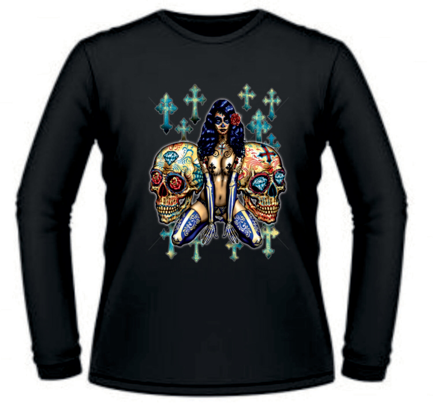 Camiseta Catrina con Calaveras y Cruces
