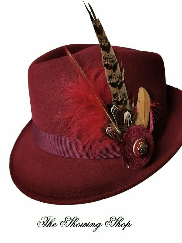 BURGUNDY WOOL AND FEATHER LEAD REIN/ IN HAND SHOWING HAT
