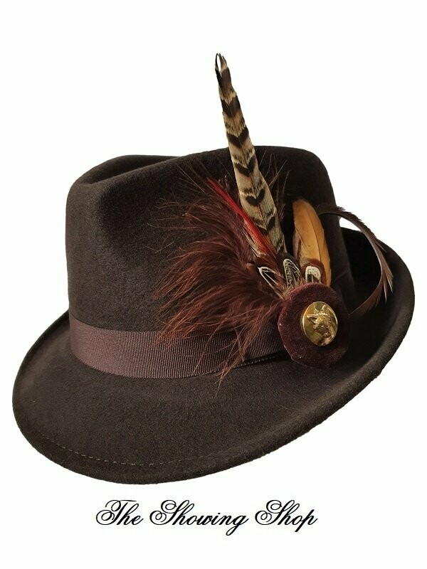 BROWN WOOL AND FEATHER LEAD REIN/ IN HAND SHOWING HAT
